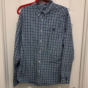 Chaps Blue and White Plaid Button-Down Shirt
